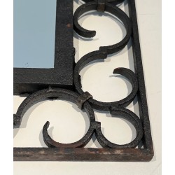 Wrought Iron Mirror with Arched Top and Gilt Acanthus Leaf, French Work, Circa 1940