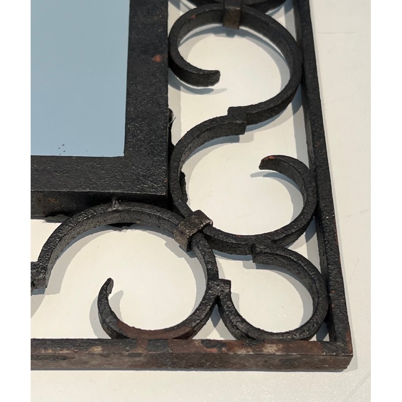 Miroir en Fer Forgé à Sommet Arrondi et Feuille d'Acanthe Dorée, Travail Français, Vers 1940