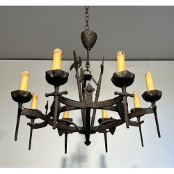 Rare Paire de Lustres en Fer Forgé de Style Gothique à Huit Bras de Lumière, Travail Français, Vers 1950