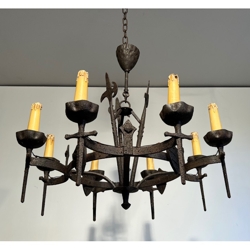 Rare Paire de Lustres en Fer Forgé de Style Gothique à Huit Bras de Lumière, Travail Français, Vers 1950