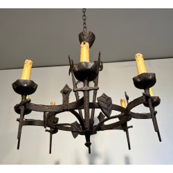 Rare Pair of Wrought Iron Gothic-Style Chandeliers with Eight Arms, French Work, Circa 1950