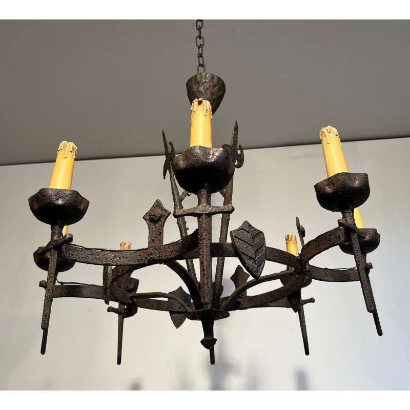Rare Paire de Lustres en Fer Forgé de Style Gothique à Huit Bras de Lumière, Travail Français, Vers 1950
