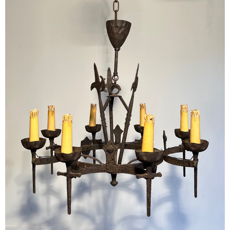 Rare Pair of Wrought Iron Gothic-Style Chandeliers with Eight Arms, French Work, Circa 1950