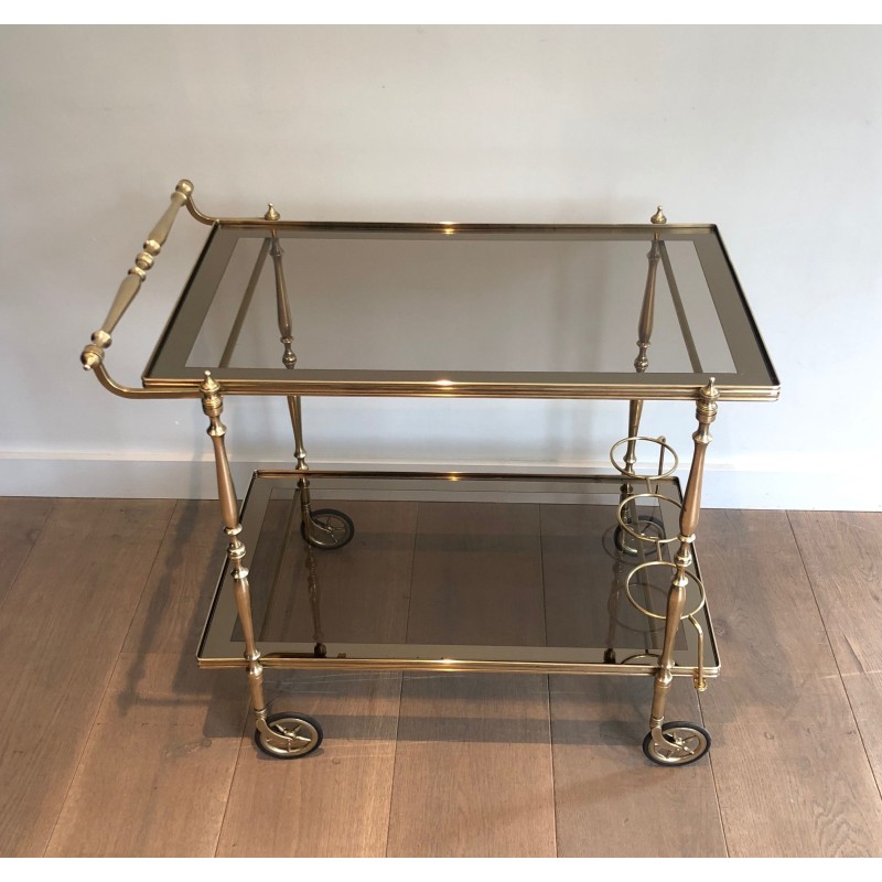 Neoclassical Style Brass and Smoked Glass Drinks Trolley, French Work, Circa 1970