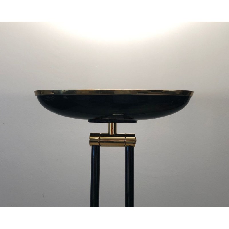 Lampadaire Halogène en Métal Laqué Noir et Laiton, Travail Français, vers 1970 | Maison BARROIS