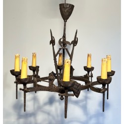 Rare Pair of Wrought Iron Gothic-Style Chandeliers with Eight Arms, French Work, Circa 1950