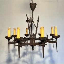 Rare Pair of Wrought Iron Gothic-Style Chandeliers with Eight Arms, French Work, Circa 1950