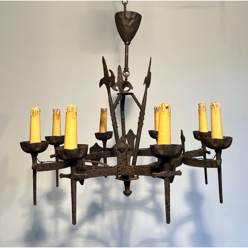 Rare Pair of Wrought Iron Gothic-Style Chandeliers with Eight Arms, French Work, Circa 1950