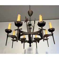 Rare Paire de Lustres en Fer Forgé de Style Gothique à Huit Bras de Lumière, Travail Français, Vers 1950
