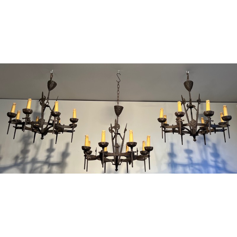 Rare Pair of Wrought Iron Gothic-Style Chandeliers with Eight Arms, French Work, Circa 1950