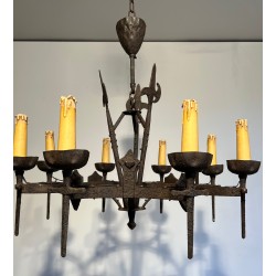 Rare Pair of Wrought Iron Gothic-Style Chandeliers with Eight Arms, French Work, Circa 1950