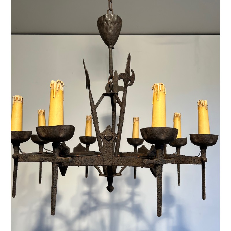 Rare Pair of Wrought Iron Gothic-Style Chandeliers with Eight Arms, French Work, Circa 1950