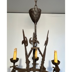 Rare Paire de Lustres en Fer Forgé de Style Gothique à Huit Bras de Lumière, Travail Français, Vers 1950