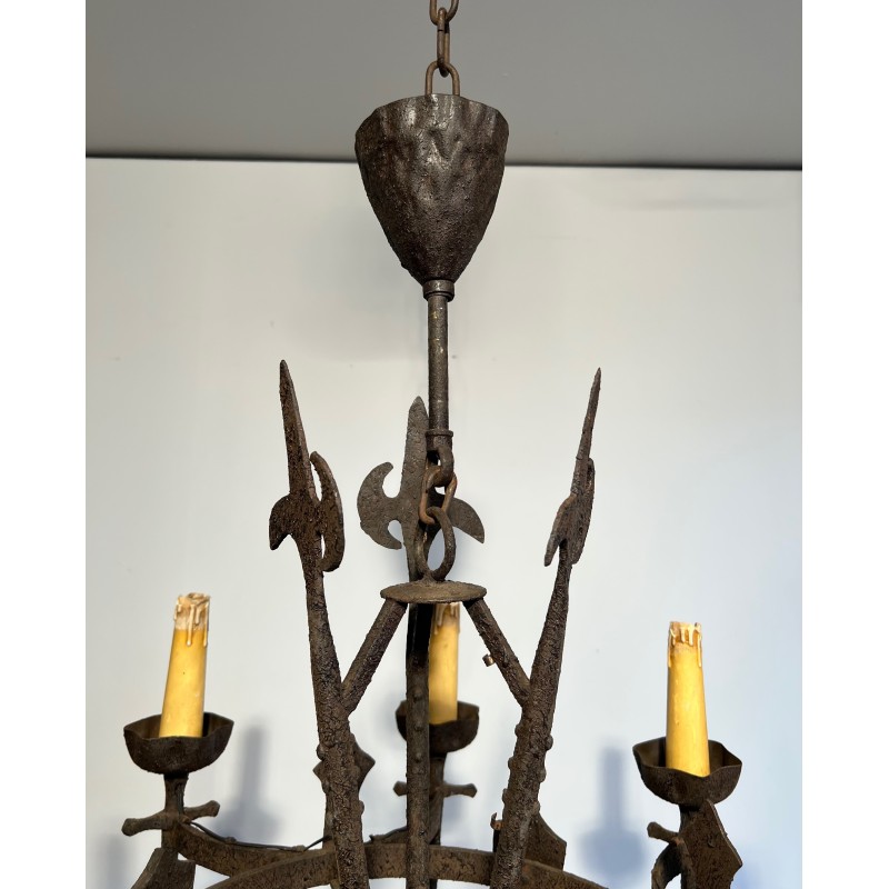 Rare Paire de Lustres en Fer Forgé de Style Gothique à Huit Bras de Lumière, Travail Français, Vers 1950