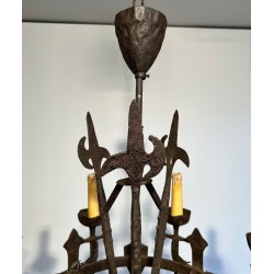 Rare Paire de Lustres en Fer Forgé de Style Gothique à Huit Bras de Lumière, Travail Français, Vers 1950