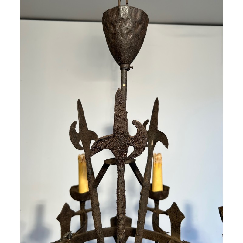 Rare Pair of Wrought Iron Gothic-Style Chandeliers with Eight Arms, French Work, Circa 1950