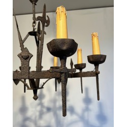 Rare Paire de Lustres en Fer Forgé de Style Gothique à Huit Bras de Lumière, Travail Français, Vers 1950