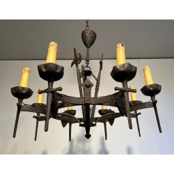Rare Pair of Wrought Iron Gothic-Style Chandeliers with Eight Arms, French Work, Circa 1950
