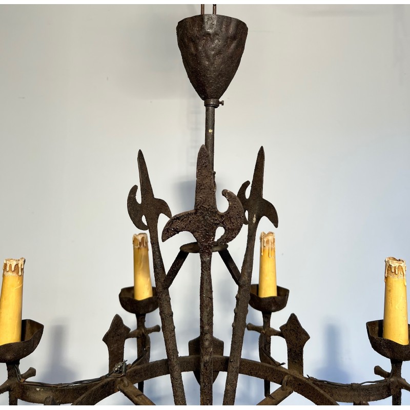 Lustre en Fer Forgé de Style Gothique à Huit Bras de Lumière, Travail Français, Vers 1950