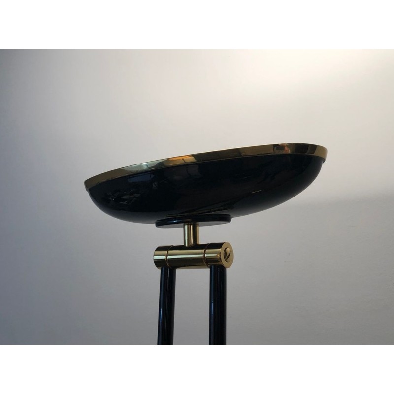Lampadaire Halogène en Métal Laqué Noir et Laiton, Travail Français, vers 1970 | Maison BARROIS