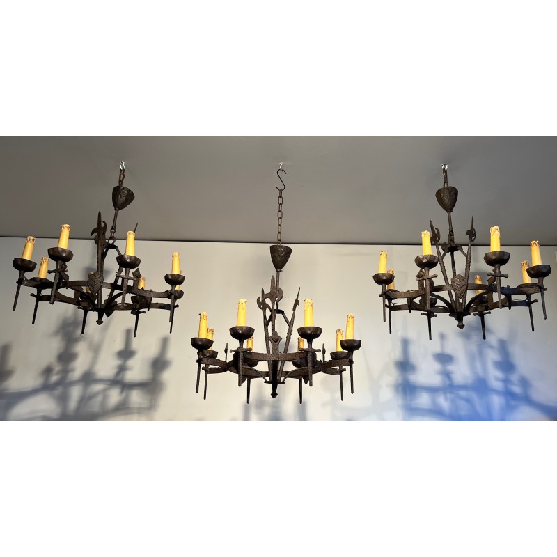 Wrought Iron Gothic-Style Chandelier with Eight Arms, French Work, Circa 1950