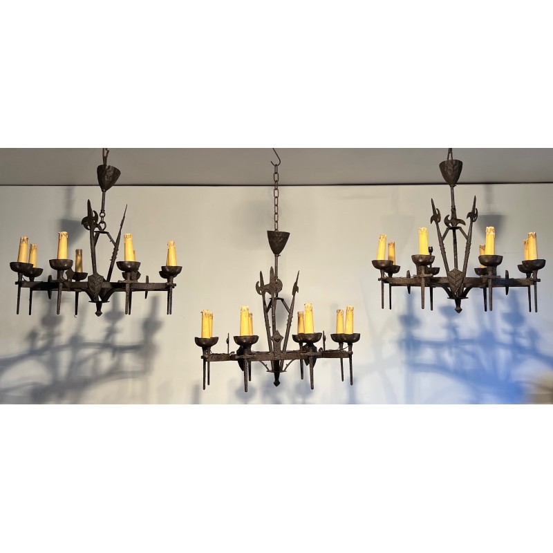 Wrought Iron Gothic-Style Chandelier with Eight Arms, French Work, Circa 1950