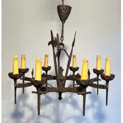 Lustre en Fer Forgé de Style Gothique à Huit Bras de Lumière, Travail Français, Vers 1950