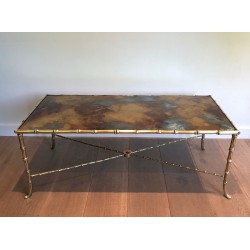 Table Basse en Bronze Façon Faux-Bambou à Plateau de Verre Doré Églomisé par la Maison Baguès, Travail Français, Vers 1940