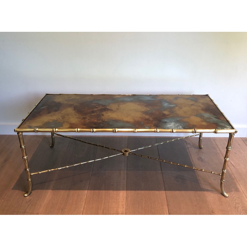 Table Basse en Bronze Façon Faux-Bambou à Plateau de Verre Doré Églomisé par la Maison Baguès, Travail Français, Vers 1940
