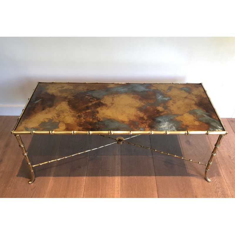 Faux-Bamboo Bronze Coffee Table with Églomisé Gilt Glass Top by Maison Baguès, French Work, Circa 1940