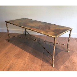 Faux-Bamboo Bronze Coffee Table with Églomisé Gilt Glass Top by Maison Baguès, French Work, Circa 1940