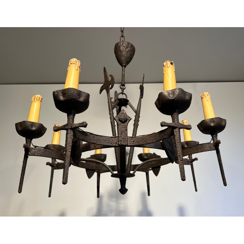 Lustre en Fer Forgé de Style Gothique à Huit Bras de Lumière, Travail Français, Vers 1950