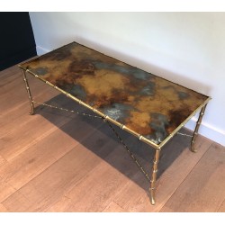 Table Basse en Bronze Façon Faux-Bambou à Plateau de Verre Doré Églomisé par la Maison Baguès, Travail Français, Vers 1940
