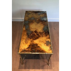 Table Basse en Bronze Façon Faux-Bambou à Plateau de Verre Doré Églomisé par la Maison Baguès, Travail Français, Vers 1940
