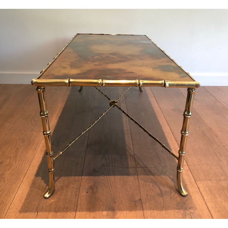 Table Basse en Bronze Façon Faux-Bambou à Plateau de Verre Doré Églomisé par la Maison Baguès, Travail Français, Vers 1940