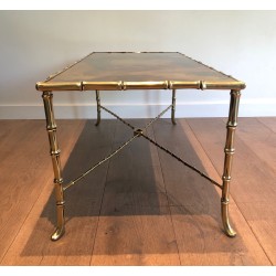 Table Basse en Bronze Façon Faux-Bambou à Plateau de Verre Doré Églomisé par la Maison Baguès, Travail Français, Vers 1940