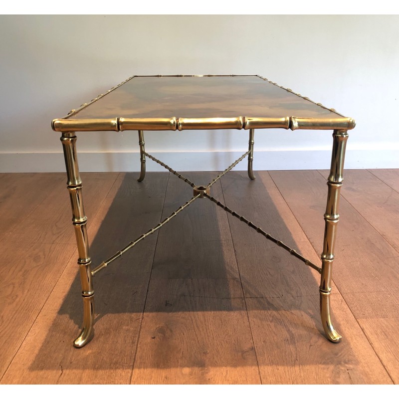 Table Basse en Bronze Façon Faux-Bambou à Plateau de Verre Doré Églomisé par la Maison Baguès, Travail Français, Vers 1940