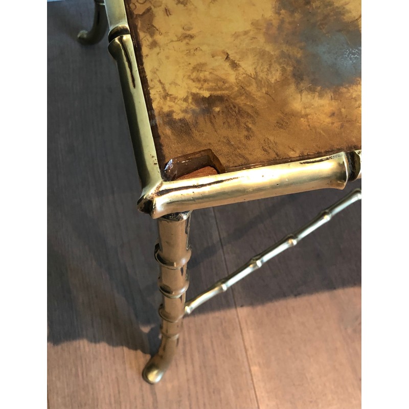 Table Basse en Bronze Façon Faux-Bambou à Plateau de Verre Doré Églomisé par la Maison Baguès, Travail Français, Vers 1940