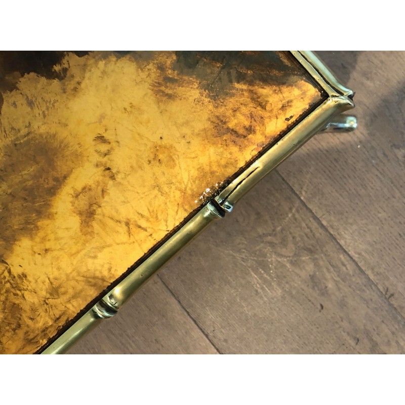 Table Basse en Bronze Façon Faux-Bambou à Plateau de Verre Doré Églomisé par la Maison Baguès, Travail Français, Vers 1940