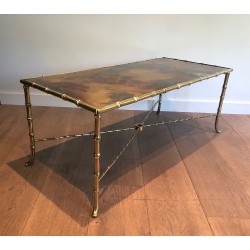 Table Basse en Bronze Façon Faux-Bambou à Plateau de Verre Doré Églomisé par la Maison Baguès, Travail Français, Vers 1940