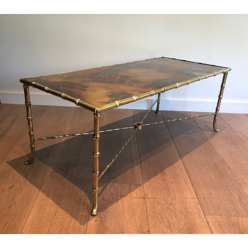 Table Basse en Bronze Façon Faux-Bambou à Plateau de Verre Doré Églomisé par la Maison Baguès, Travail Français, Vers 1940