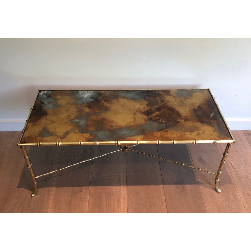 Table Basse en Bronze Façon Faux-Bambou à Plateau de Verre Doré Églomisé par la Maison Baguès, Travail Français, Vers 1940