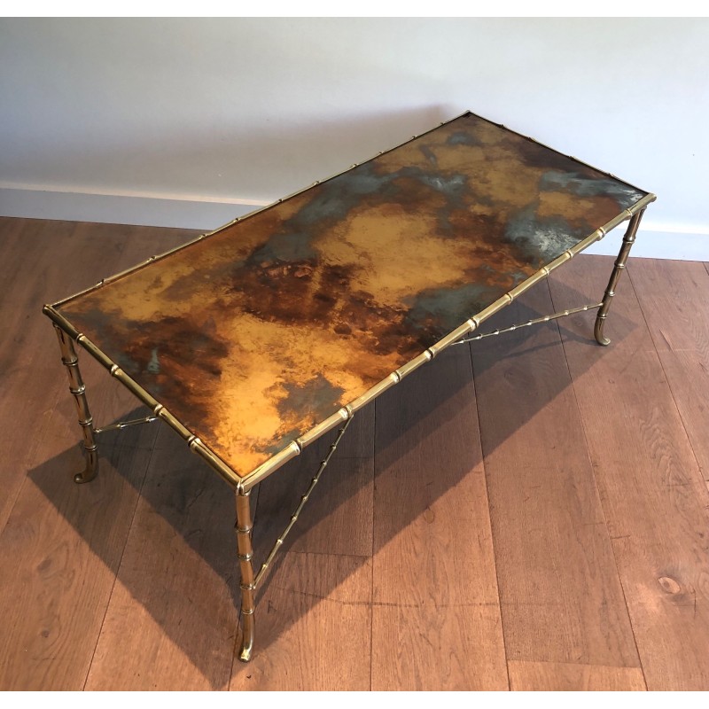Table Basse en Bronze Façon Faux-Bambou à Plateau de Verre Doré Églomisé par la Maison Baguès, Travail Français, Vers 1940