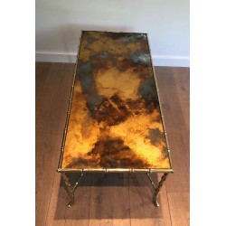 Table Basse en Bronze Façon Faux-Bambou à Plateau de Verre Doré Églomisé par la Maison Baguès, Travail Français, Vers 1940