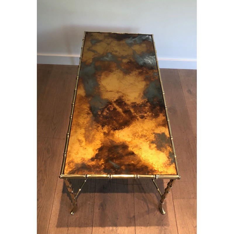 Faux-Bamboo Bronze Coffee Table with Églomisé Gilt Glass Top by Maison Baguès, French Work, Circa 1940