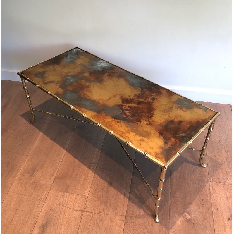 Table Basse en Bronze Façon Faux-Bambou à Plateau de Verre Doré Églomisé par la Maison Baguès, Travail Français, Vers 1940