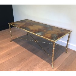 Faux-Bamboo Bronze Coffee Table with Églomisé Gilt Glass Top by Maison Baguès, French Work, Circa 1940