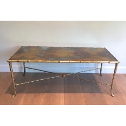 Table Basse en Bronze Façon Faux-Bambou à Plateau de Verre Doré Églomisé par la Maison Baguès, Travail Français, Vers 1940