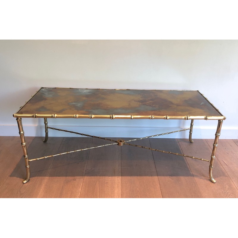 Table Basse en Bronze Façon Faux-Bambou à Plateau de Verre Doré Églomisé par la Maison Baguès, Travail Français, Vers 1940