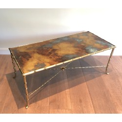 Faux-Bamboo Bronze Coffee Table with Églomisé Gilt Glass Top by Maison Baguès, French Work, Circa 1940
